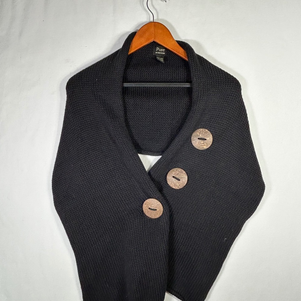 Pure Accessories Black Hand Knit Cotton Shrug Wrap Large Buttons One Size Boho